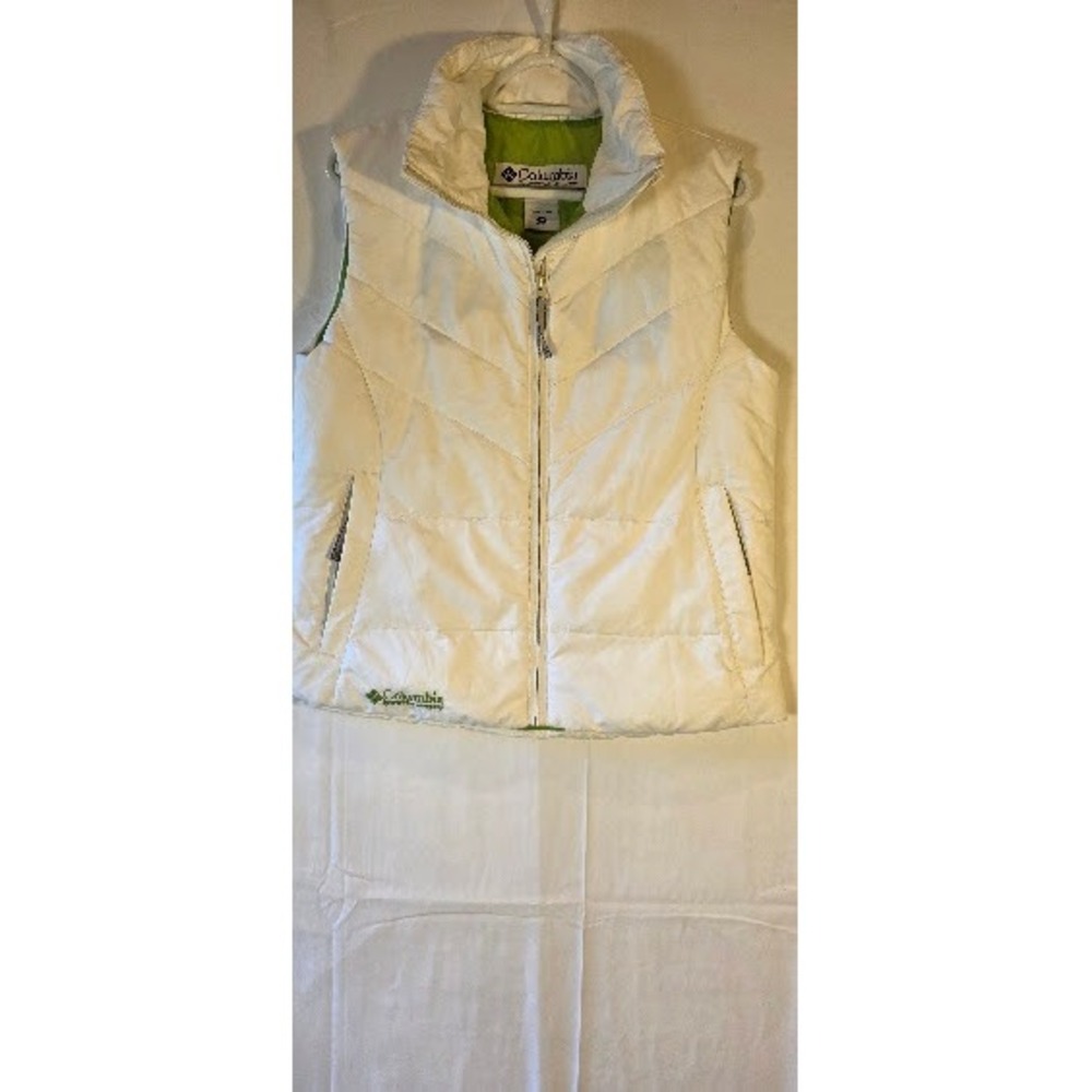 Columbia Womens White Puffer Vest Lime Green Lining Chevron Quilted Size Medium